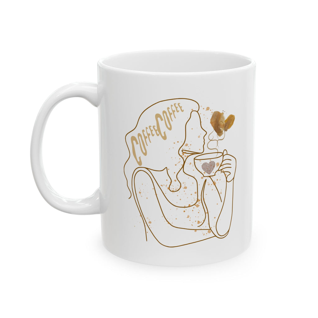 Coffee Mug — Minimal Line Art Woman with Hearts | Romantic Gift Ceramic Mug (11oz, 15oz)